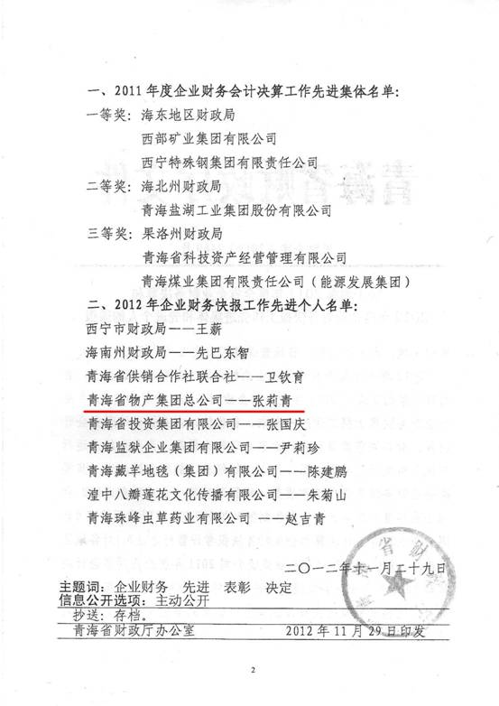 物產(chǎn)集團(tuán)榮獲2011年度財(cái)務(wù)決算先進(jìn)單位、2012年度財(cái)務(wù)快報(bào)工作先進(jìn)個(gè)人表彰